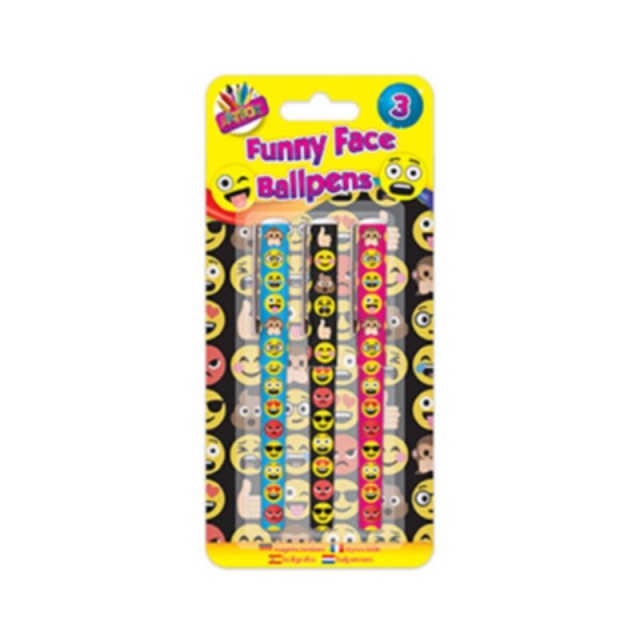 3 x Funny Face Ballpoint Pens Emoji Style Gift School Home Party Bag fillers